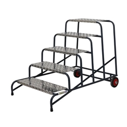 Wide Work Steps - 250mm Platform - 5 Tread - Chequer Plate Tread - with Wheels