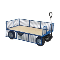 Industrial General Purpose Truck; Plywood Base; Mesh Sides & Ends with Pneumatic Wheels; 500kg; Blue/Veneer