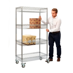 Wire Mesh Trolley; 4 Height Adjustable Shelves; Swivel (x2 Braked) Castors; Wire Mesh; 320kg; Silver