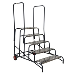 Wide Work Steps - 250mm Platform - 5 Tread - Chequer Plate Tread - with 2 Handrail - with Wheels
