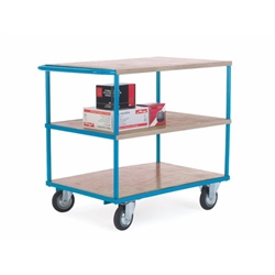 Shelf Truck; 3 Shelf with Push Handle; Fixed/Swivel (x2 Braked) Castors; Steel; 500kg; Blue/Veneer