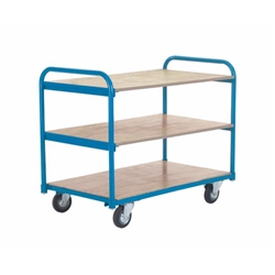 Shelf Truck; 3 Shelf; Fixed/Swivel (x2 Braked) Castors; Steel; 250kg; Blue/Veneer