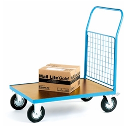 Single Mesh End Platform Truck; 1300 x 700 x 1050; Fixed/Swivel (x2 Braked) Castors; Steel; 500kg; Blue/Veneer