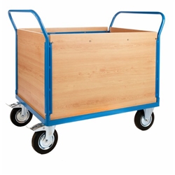 4 Veneer Sides Platform Truck; 1500 x 800 x 1050; Fixed/Swivel (x2 Braked) Castors; Steel; 500kg; Blue/Veneer