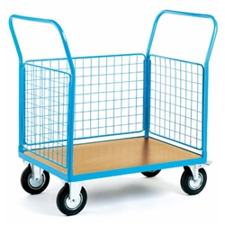 3 Mesh Sides Platform Truck; 1500 x 800 x 1050; Fixed/Swivel (x2 Braked) Castors; Steel; 500kg; Blue/Veneer