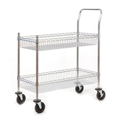 Wire Trolley; 2 Shelves with Wire Surround; Fixed/Swivel (x2 Braked) Castors; Chrome Plated Wire; 120kg; Silver