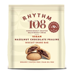 Rhythm 108 Swiss Vegan Hazelnut Chocolate Praline Biscuit Share Bag 135g [Pack of 8]