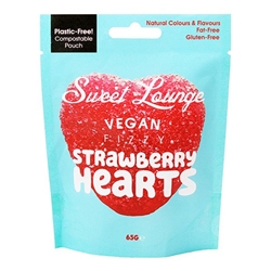 Sweet Lounge Vegan Fizzy Strawberry Hearts Pouch 65g [Pack of 10]