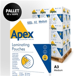 Apex Laminating Pouches A3 Medium Duty - Pallet of 90 Packs of 100 (9,000 Pouches Total)