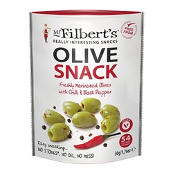 Mr Filberts Chilli & Black Pepper Green Olives 50g [Pack of 12]
