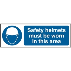 Safety Helmets Must Be Worn Rigid Pvc Sign White/Blue 300X100Mm