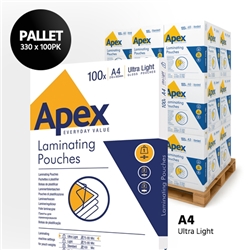 Apex Laminating Pouches A4 Ultra Light Duty - Pallet of 330 Packs of 100 (33,000 Pouches Total)