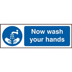 Now Wash Your Hands Sign  White/Blue 300X100Mm