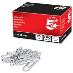 5 Star Office Paperclips Metal Large 33mm Plain [Pack 100]