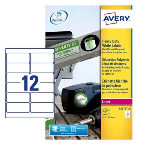 Argento Avery L6012-20 Etichette in Poliestere 10 Etichette per Foglio 20 Fogli 96X50.8