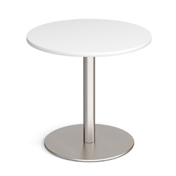 Monza circular dining table with flat round brushed steel base 800mm - white