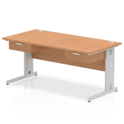 Impulse 1600 x 800mm Straight Office Desk Oak Top Silver Cable Managed Leg Workstation 2 x 1 Drawer Fixed Pedestal