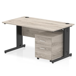Impulse 1400 x 800mm Straight Office Desk Grey Oak Top Black Cable Managed Leg Workstation 2 Drawer Mobile Pedestal