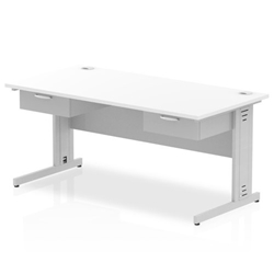 Impulse 1600 x 800mm Straight Office Desk White Top Silver Cable Managed Leg Workstation 2 x 1 Drawer Fixed Pedestal