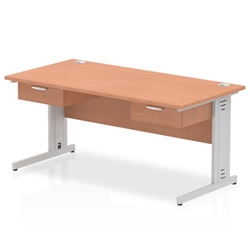 Impulse 1600 x 800mm Straight Office Desk Beech Top Silver Cable Managed Leg Workstation 2 x 1 Drawer Fixed Pedestal