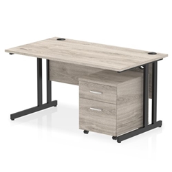 Impulse 1400 x 800mm Straight Office Desk Grey Oak Top Black Cantilever Leg Workstation 2 Drawer Mobile Pedestal