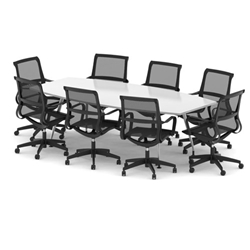 High Gloss 2400mm Writable Boardroom Table White Top with Set of Eight Lula Mesh Chairs