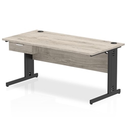 Impulse 1600 x 800mm Straight Office Desk Grey Oak Top Black Cable Managed Leg Workstation 1 x 1 Drawer Fixed Pedestal