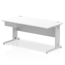Impulse 1600 x 800mm Straight Office Desk White Top Silver Cable Managed Leg Workstation 1 x 1 Drawer Fixed Pedestal