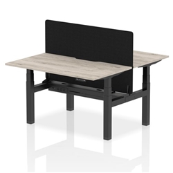 Air Back-to-Back 1400 x 800mm Height Adjustable 2 Person Office Bench Desk Grey Oak Top with Scalloped Edge Black Frame with Black Straight Screen