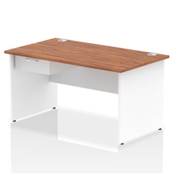 Impulse 1400 x 800mm Straight Office Desk Walnut Top White Panel End Leg Workstation 1 x 1 Drawer Fixed Pedestal