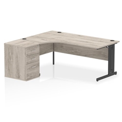 Impulse 1800mm Left Crescent Office Desk Grey Oak Top Black Cable Managed Leg Workstation 600 Deep Desk High Pedestal