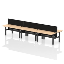 Air Back-to-Back 1600 x 800mm Height Adjustable 6 Person Office Bench Desk Maple Top with Cable Ports Black Frame with Black Straight Screen