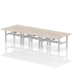Air Back-to-Back 1400 x 800mm Height Adjustable 6 Person Office Bench Desk Grey Oak Top with Scalloped Edge Silver Frame