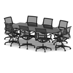 High Gloss 2400mm Writable Boardroom Table Black Top with Set of Eight Lula Mesh Chairs