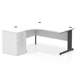 Impulse 1600mm Left Crescent Office Desk White Top Black Cable Managed Leg Workstation 600 Deep Desk High Pedestal
