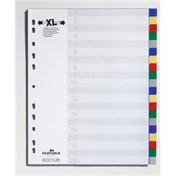 Durable 20 Part Coloured Tab Index Punched File Dividers - A4+