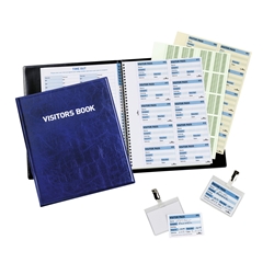 Durable PU Leather GDPR Visitor Book - 100 Name Badges & Security Sheet - Blue