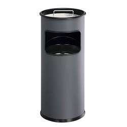 Durable Round Metal Waste Bin with Integrated Sand Ashtray - 17L - Charcoal Grey