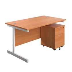Single Upright Rectangular Desk + Mobile 2 Drawer Pedestal 1400 X 800 Beech/White Ref SU1480BEWHP2