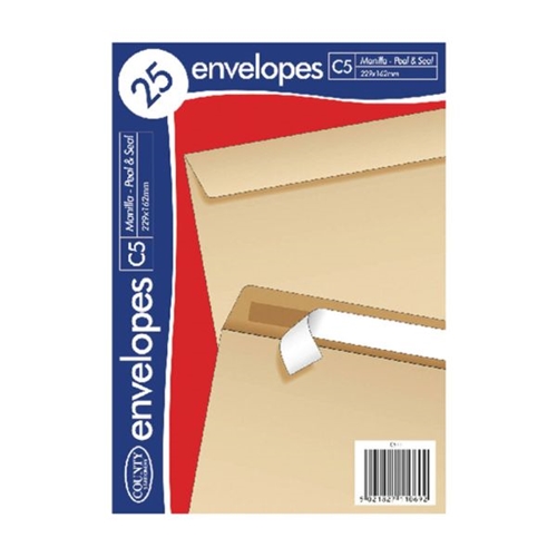County Stationery C5 25 Manilla Peal and Seal Envelopes (Pack of 20