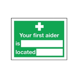 Safety Sign Your First Aider Is 150x200mm Self-Adhesive E42A/S