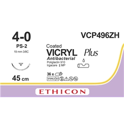 VICRYL PLUS, braided, undyed, 4-0, 45cm, Reverse Cutting, 19mm, 3/8 - Qty36