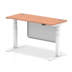Air 1400 x 600mm Height Adjustable Desk Beech Top Cable Ports White Leg With White Steel Modesty Panel