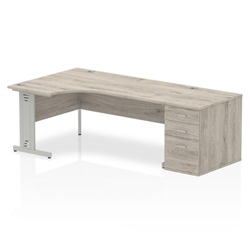 Impulse 1800mm Left Crescent Desk Grey Oak Top Silver Cable Managed Leg + Desk High Ped