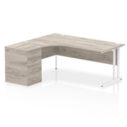 Impulse 1800mm Left Crescent Desk Grey Oak Top White Cantilever Leg Workstation 600 Deep Desk High Pedestal Bundle