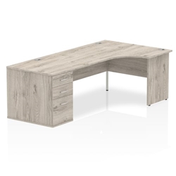 Impulse 1800mm Right Crescent Desk Grey Oak Top Panel End Leg + Desk High Ped