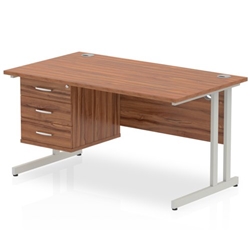 Impulse 1400 Rectangle Silver Cant Leg Desk WALNUT 1 x 3 Drawer Fixed Ped