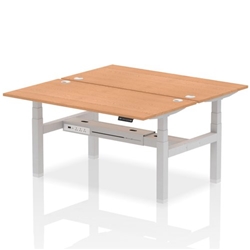 Air Back-to-Back 1600 x 800mm Height Adjustable 2 Person Office Bench Desk Oak Top with Cable Ports Silver Frame