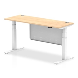 Air 1600 x 600mm Height Adjustable Desk Maple Top Cable Ports White Leg With White Steel Modesty Panel