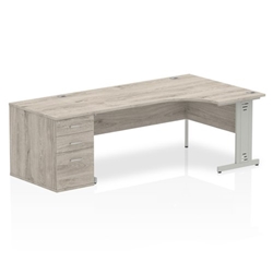 Impulse 1800mm Right Crescent Desk Grey Oak Top Silver Cable Managed Leg + Desk High Ped